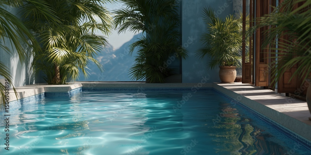 Fototapeta premium Serene backyard pool with lush greenery and mountain view on a sunny day