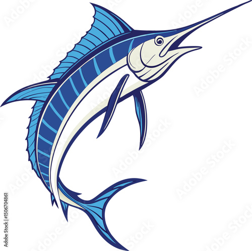 Elegant blue marlin ascending in a dynamic stylized illustration on white background
