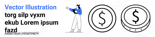 Woman holding a tablet and pointing, two large dollar coins depicting financial growth. Ideal for finance, budgeting, investment, savings, economy, planning, simple landing page