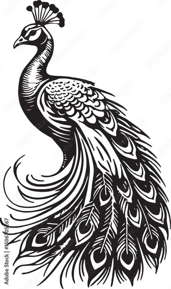 Fototapeta premium Ornate Black and White Peacock Illustration – Flowing Feather Vector Art
