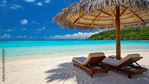 Wallpaper Mural Tropical beach scene with two lounge chairs under a thatched umbrella, overlooking turquoise water. Torontodigital.ca