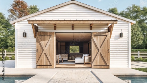 Modern barn with open doors revealing cozy interior space.