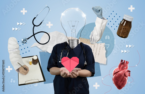 Health care collage with medical symbols and innovative elements. Vector illustration