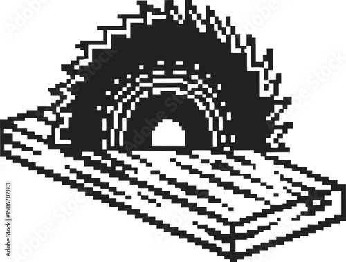 Pixel art saw blade on plank retro black and white construction tool symbol