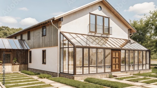 Modern house with glass greenhouse and wooden elements.