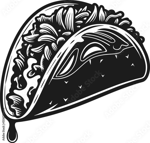 Black and white taco illustration with detailed filling, dripping sauce sketch mexican food art