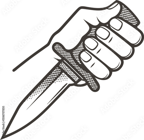 Graphic illustration of hand gripping knife sharp weapon in fist, monochromatic drawing, danger and self defense concept