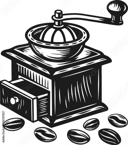 vintage hand crank coffee grinder with loose coffee beans in classic black and white illustration