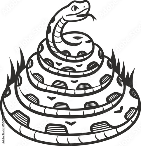 Coiled snake illustration black and white artistic drawing of a snake in grass reptile design concept