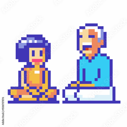 Retro pixel art family scene child and elderly man in conversation, nostalgic 8 bit