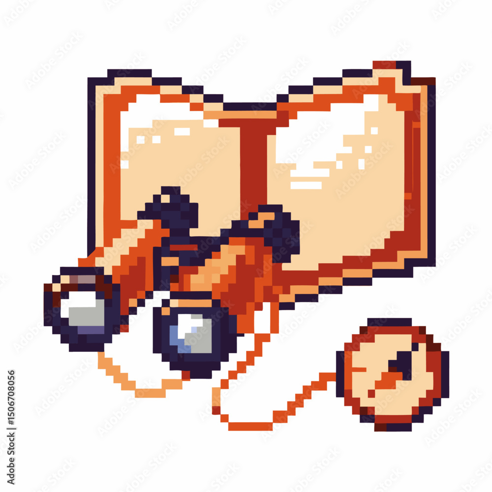 Fototapeta premium Vintage pixel binoculars and compass on open map, retro exploration adventure