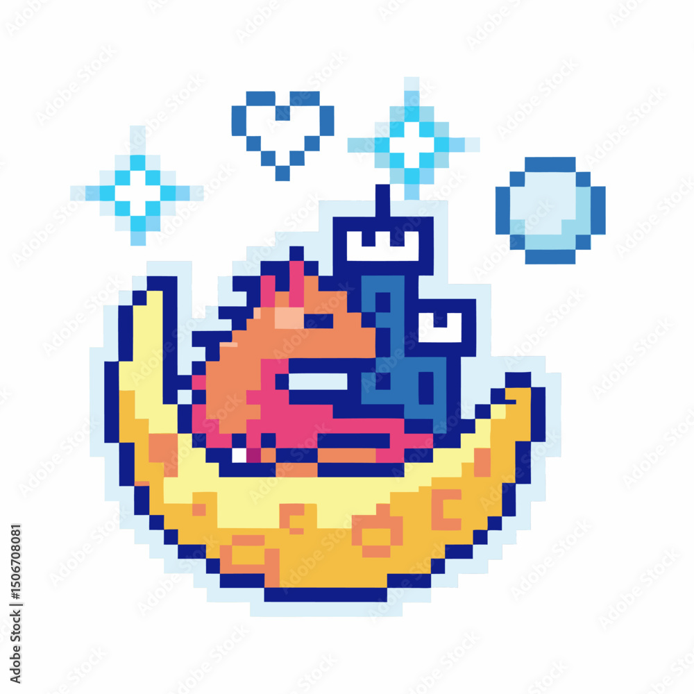 Obraz premium pixelated dragon and castle on crescent moon, retro 8 bit design with sparkling stars and hearts