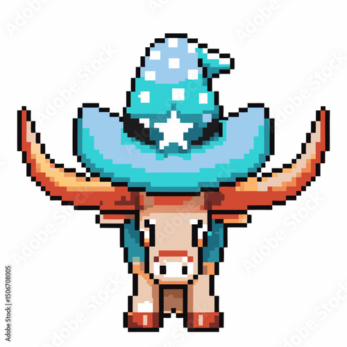 pixel art wizard bull with starry blue hat magical animal character in retro video game