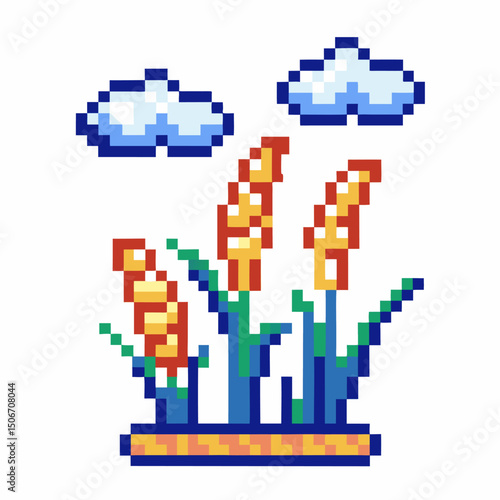 Pixel art wheat field with clouds retro, nature harvest landscape, digital mosaic