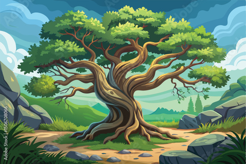 Cartoon illustration of a large tree in a scenic landscape