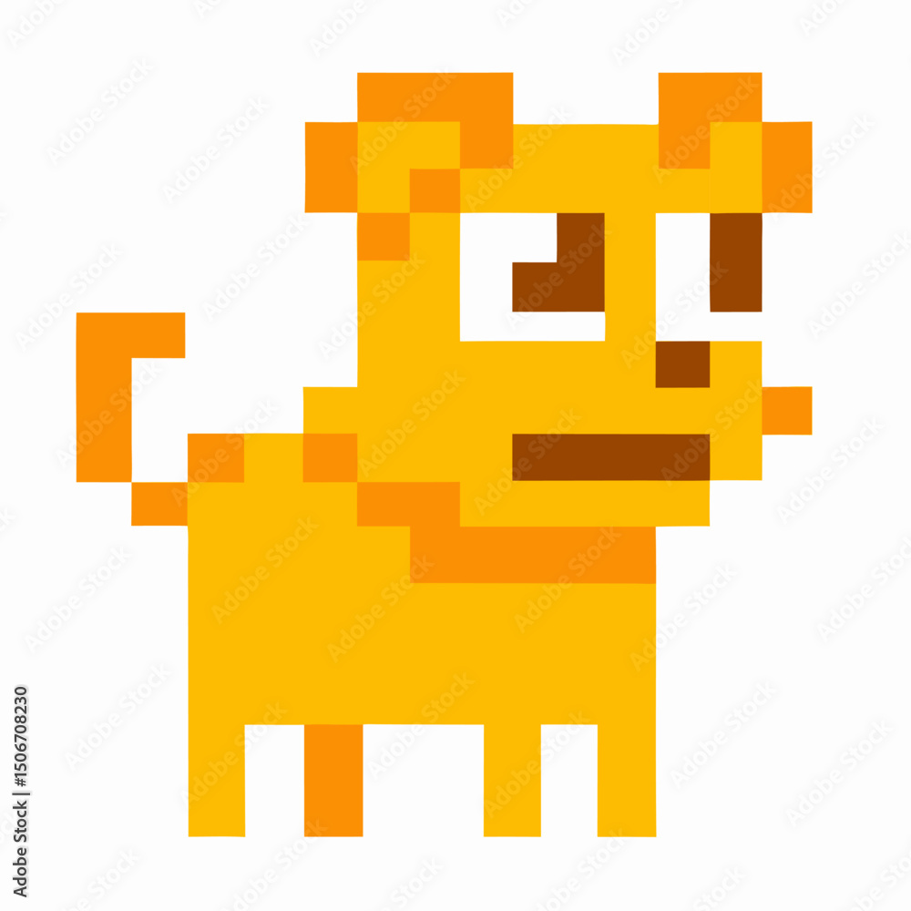 Obraz premium pixelated yellow dog in retro 8 bit art digital animal design with orange accents, simple geometric shapes