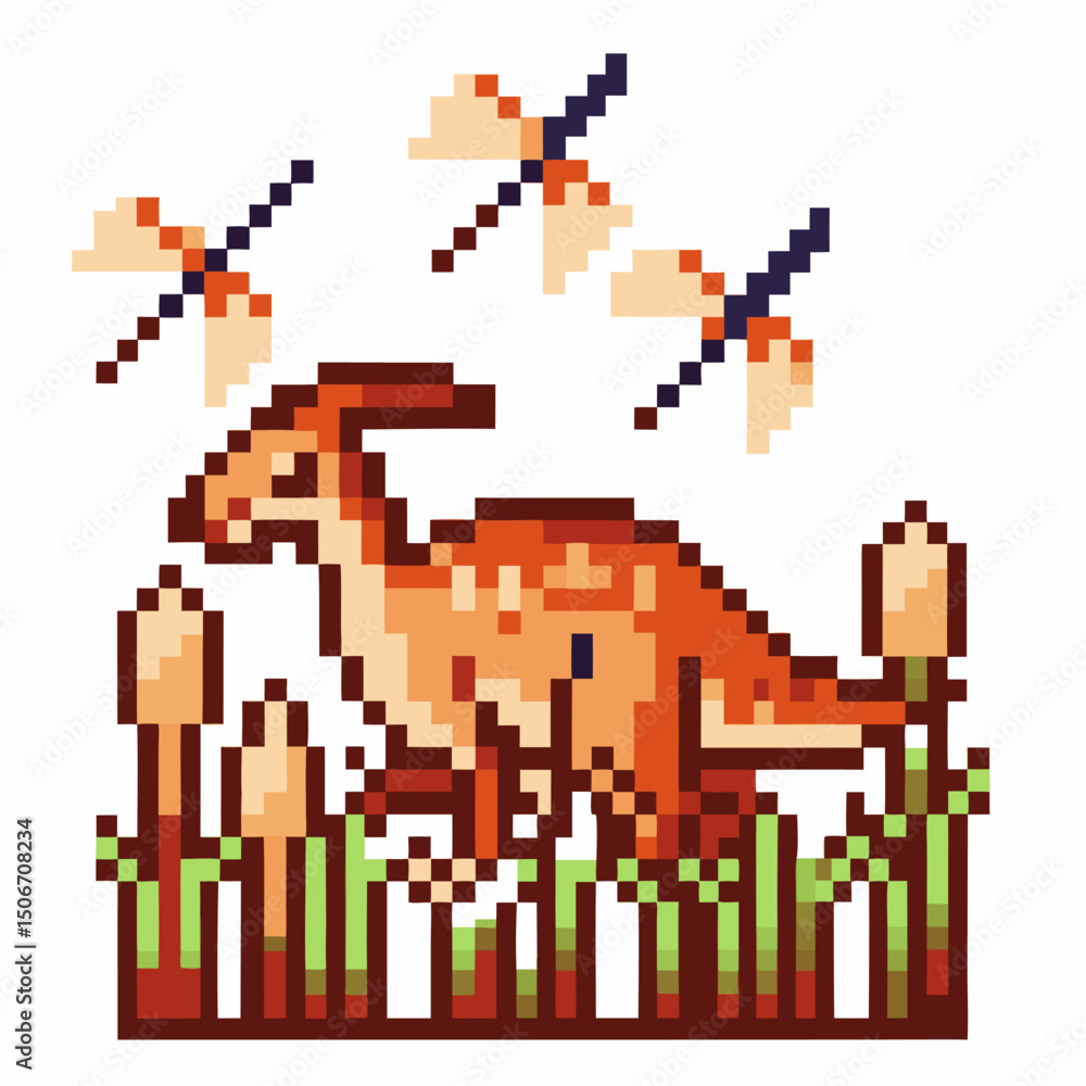 Fototapeta premium Pixelated dinosaur and dragonflies in a retro nature scene with cattails