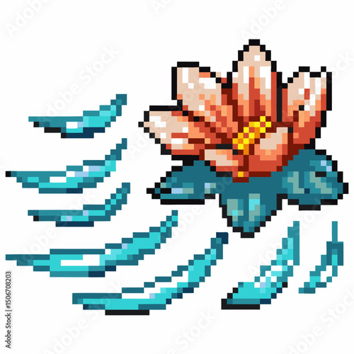 Pixel art lotus flower with falling petals vibrant digital illustration, colorful nature design