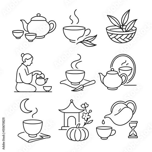 Line art vector icon set of tea and tea-related elements, Chinese tea ceremony  