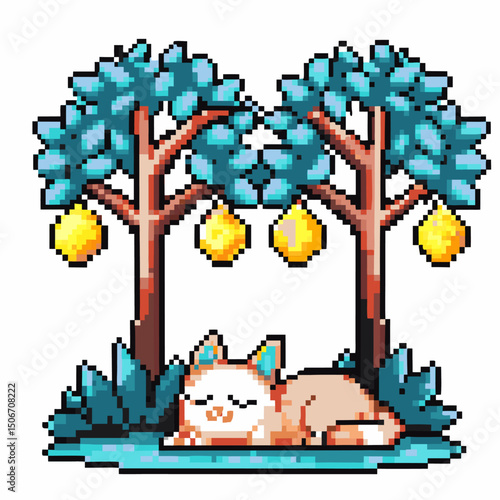 Pixel art cat relaxing under lemon trees, calm nature scene