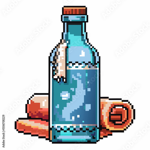 Pixel art message in a bottle and rolled maps, nautical adventure