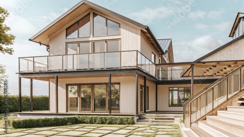 Modern house with large windows and outdoor deck in a serene setting.