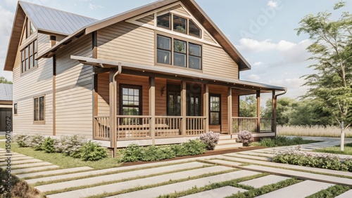 Modern wooden house with a landscaped yard and porch in a tranquil setting.