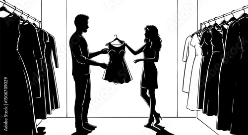 couple fitting room.  Man holding dress while woman examines it in clothing store  