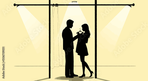 Silhouette of couple sharing a moment in soft light indoors, couple fitting room,  