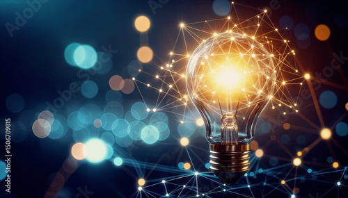 nnovation and Connection Light Bulb with Network Node Graphic Representation on Abstract Glowing Background