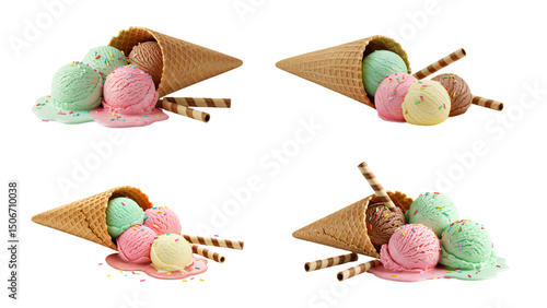 Ice cream cones with colorful scoops and sprinkles isolated on transparent background