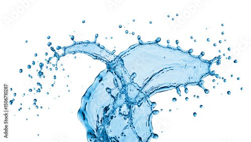 Blue water splash with droplets isolated on transparent background, creating a dynamic and refreshing effect with its fluid motion and purity
