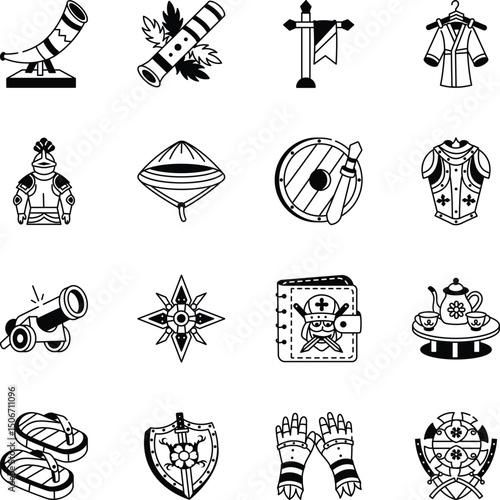 Set of Hand Drawn Samurai Art Icons 
