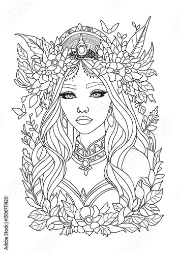 Beautiful young woman with tiara and decorated with flowers. Coloring page for children and adults. Black and white illustration for coloring.