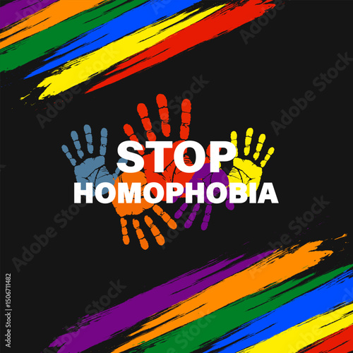 Stop Homophobia slogan with LGBTQ background. Campaign poster against Homophobia, Transphobia and Biphobia.