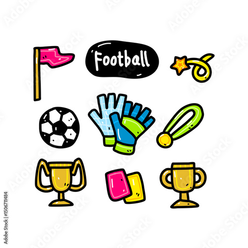 Sports-Themed Colorful Cartoon Icons Featuring Football and Winner Trophies