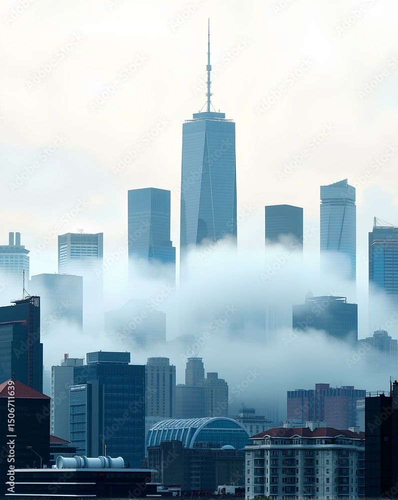 Fototapeta premium Modern city skyline with high-rise buildings partially covered by low fog clouds, creating a dramatic urban view with contrast between architecture and atmosphere