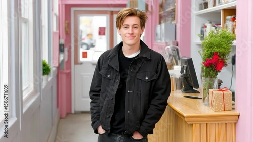 Wallpaper Mural Man in a black jacket stands in front of a pink wall. He is smiling and looking at the camera Torontodigital.ca
