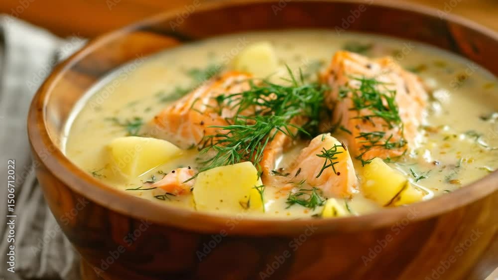 Creamy Salmon Soup In Wooden Bowl Creamy Salmon Soup In Wooden Bowl