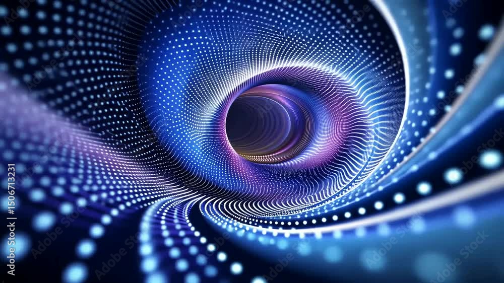 Abstract tunnel with swirling blue and purple lights, creating depth and movement into a central, dark vortex