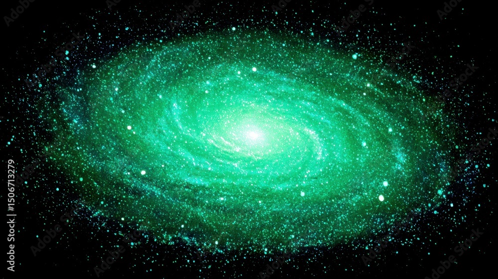 Obraz premium Emerald spiral galaxy glowing against a deep black backdrop, with swirling mint nebula clouds and shimmering green star clusters scattered throughout