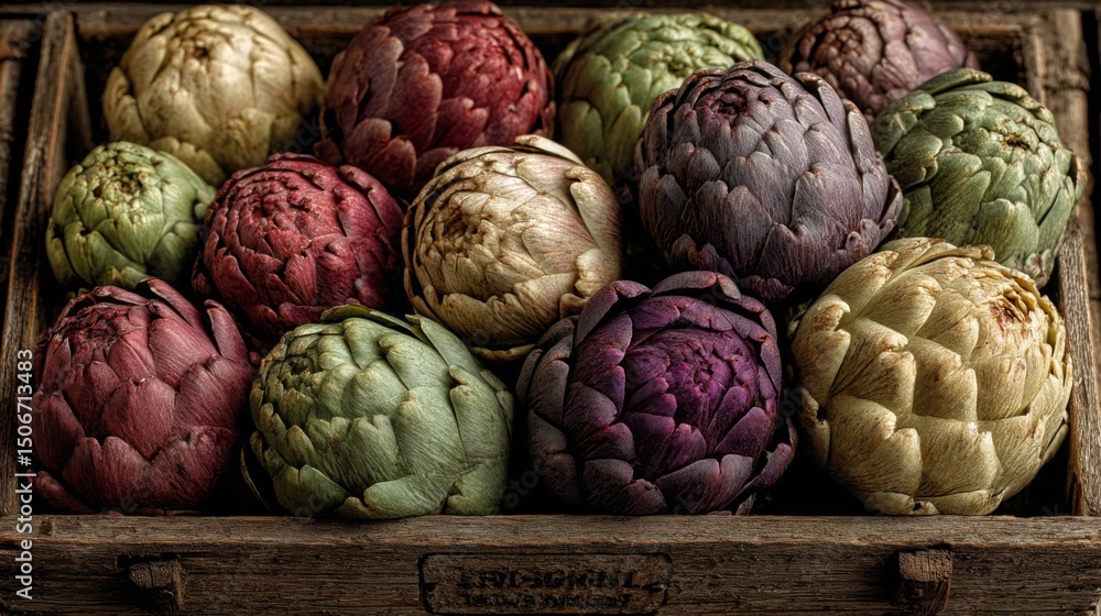 Obraz premium Colorful Artichokes in Rustic Wooden Box