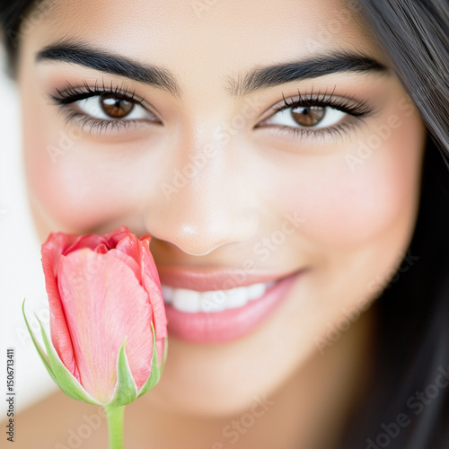 Beautiful young woman with dark hair and a radiant smile holding a fresh pink rose to her cheek, on a white background.