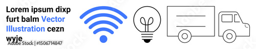 wireless signal icon, light bulb for ideas, and an outlined delivery truck representing logistics. Ideal for technology, communication, innovation, delivery services, connectivity, smart systems