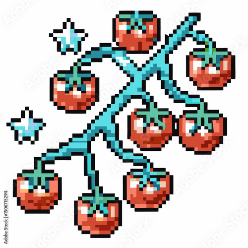 Pixel art tomato plant with vibrant red tomatoes, retro video game garden design
