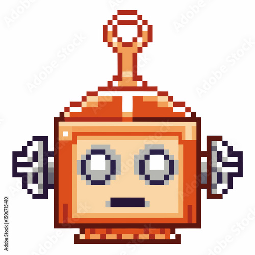 Retro pixel art robot with antenna orange blocky design, vintage technology, digital character in 8 bit