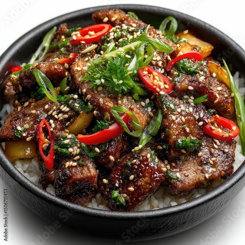 Delicious korean bulgogi beef served with rice and vegetables in a stylish setting