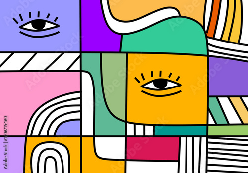 A bold abstract cubist composition highlighting expressive eyes within colorful geometric blocks.