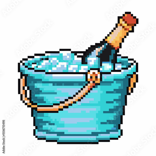 pixel art champagne in ice bucket, celebration symbol festive drink, digital party, new year's eve