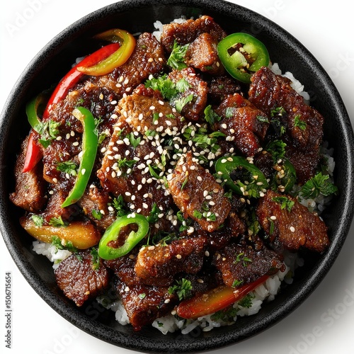 Sizzling korean bulgogi beef dish gourmet kitchen food photography vibrant colors close-up culinary delight